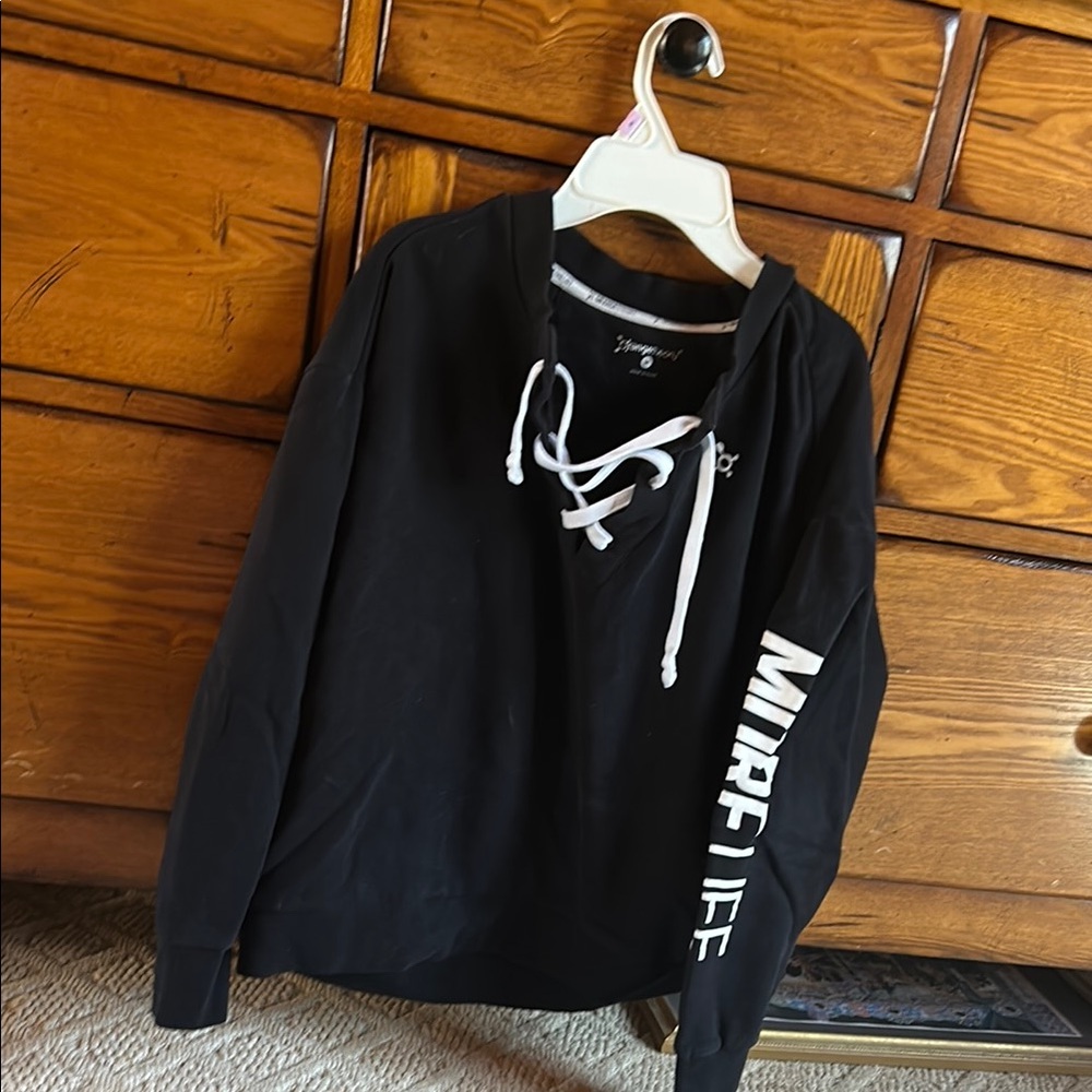 Black Lace-Up Sweatshirt with White Lettering